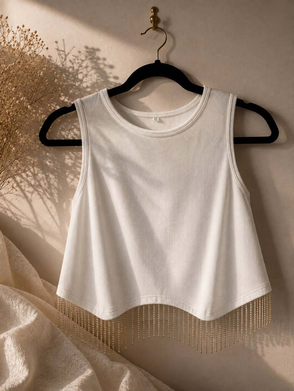 Women's White Ribbed Crop Tank Top with Gold Rhinestone  Fringe